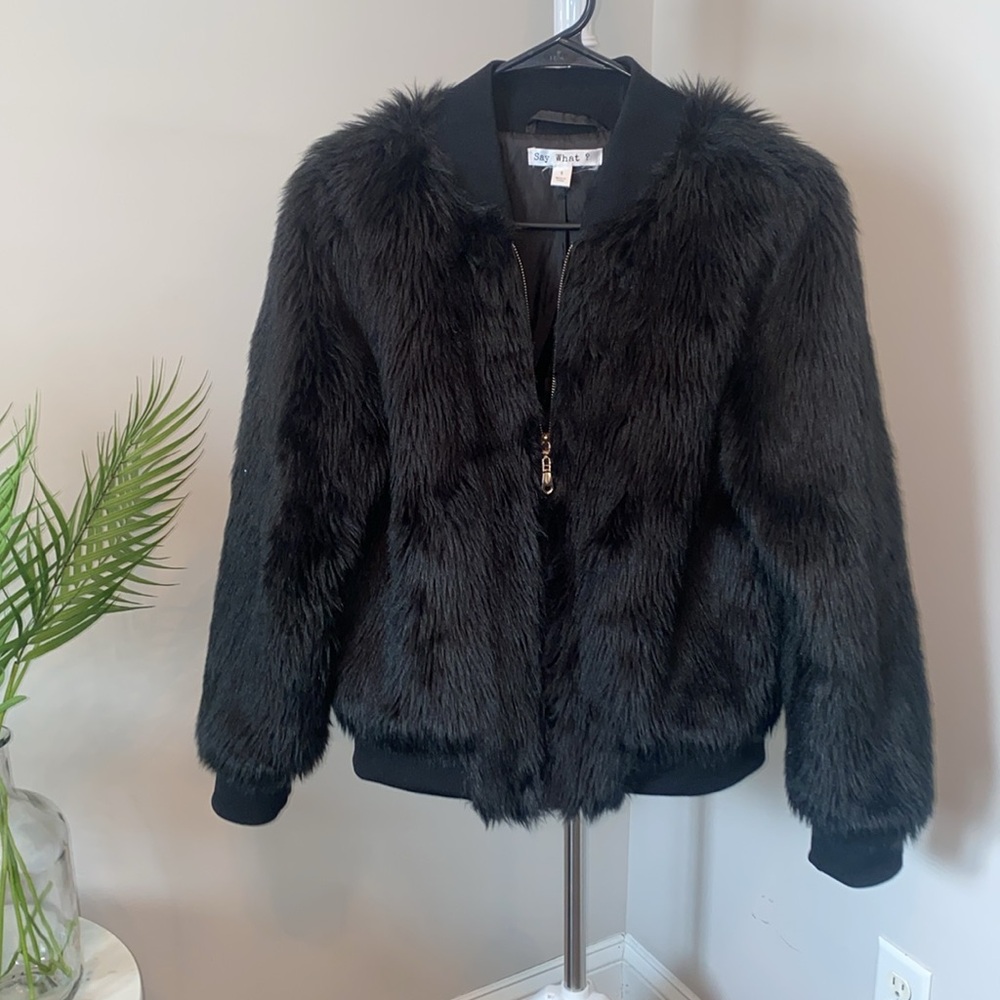 Say What? Black faux fur bomber jacket size small